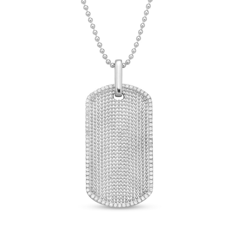 Men's 3/4 CT. T.W. Diamond Border Beaded Dog Tag Pendant in Sterling Silver - 20"