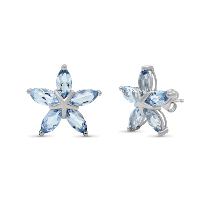 Main Image 1 of Marquise Blue Topaz Petals Star-Shaped Flower Stud Earrings in Sterling Silver