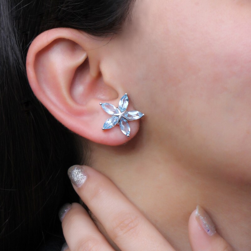 Main Image 2 of Marquise Blue Topaz Petals Star-Shaped Flower Stud Earrings in Sterling Silver