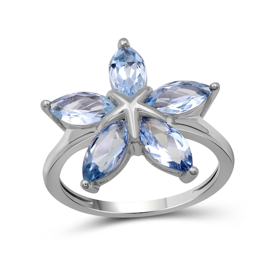 Marquise Blue Topaz Petals Star-Shaped Flower Ring in Sterling Silver