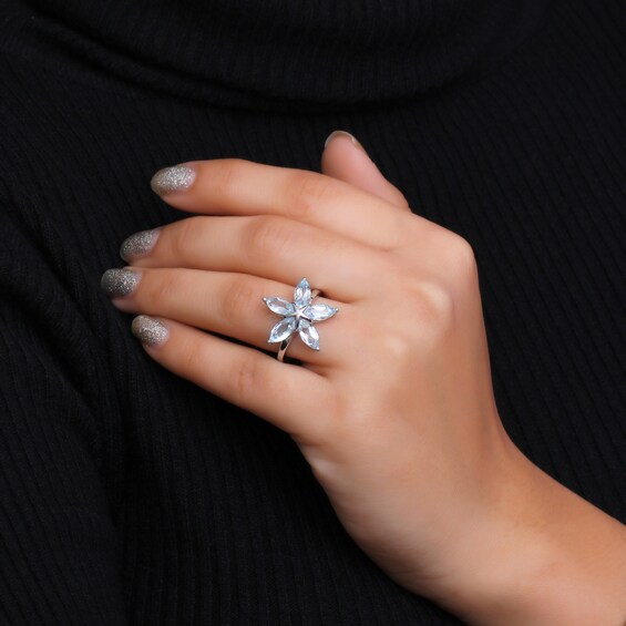 Marquise Blue Topaz Petals Star-Shaped Flower Ring in Sterling Silver