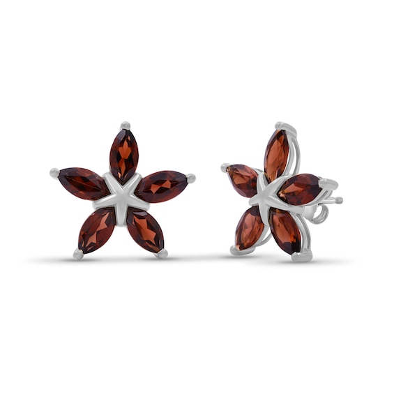 Marquise Garnet Petals Star-Shaped Flower Stud Earrings in Sterling Silver