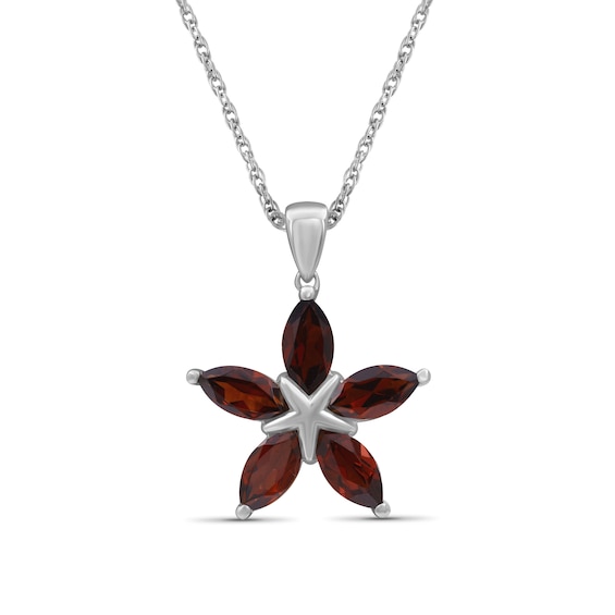 Marquise Garnet Petals Star-Shaped Flower Drop Pendant in Sterling Silver
