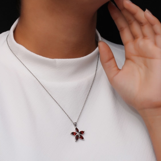 Marquise Garnet Petals Star-Shaped Flower Drop Pendant in Sterling Silver