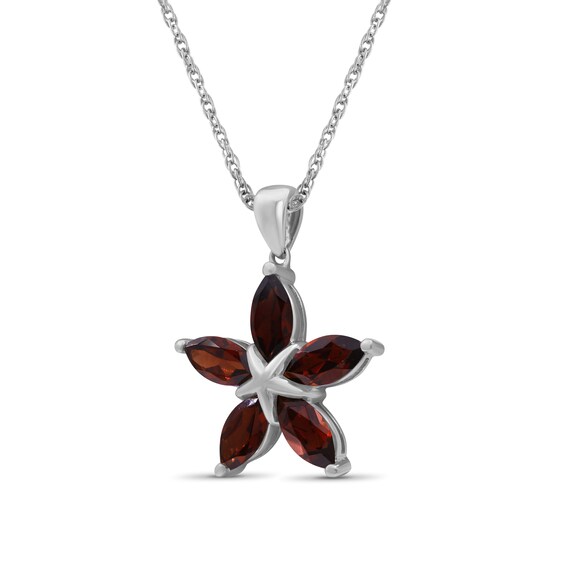 Marquise Garnet Petals Star-Shaped Flower Drop Pendant in Sterling Silver