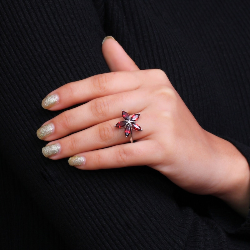 Main Image 2 of Marquise Garnet Petals Star-Shaped Flower Ring in Sterling Silver