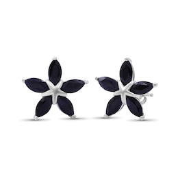 Marquise Black Sapphire Petals Star-Shaped Flower Stud Earrings in Sterling Silver