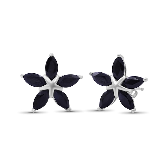 Marquise Black Sapphire Petals Star-Shaped Flower Stud Earrings in Sterling Silver