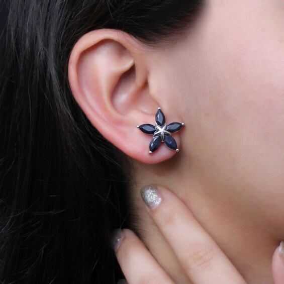 Marquise Black Sapphire Petals Star-Shaped Flower Stud Earrings in Sterling Silver