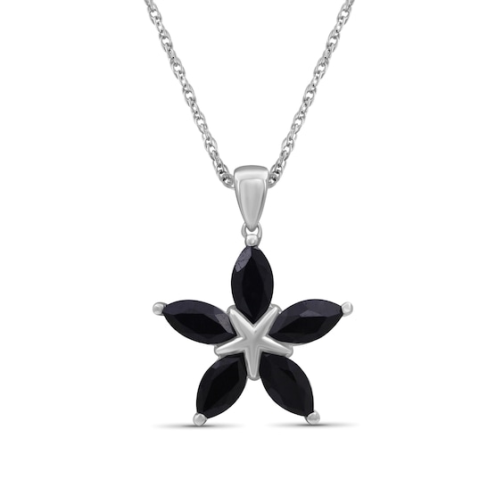 Marquise Black Sapphire Petals Star-Shaped Flower Drop Pendant in Sterling Silver