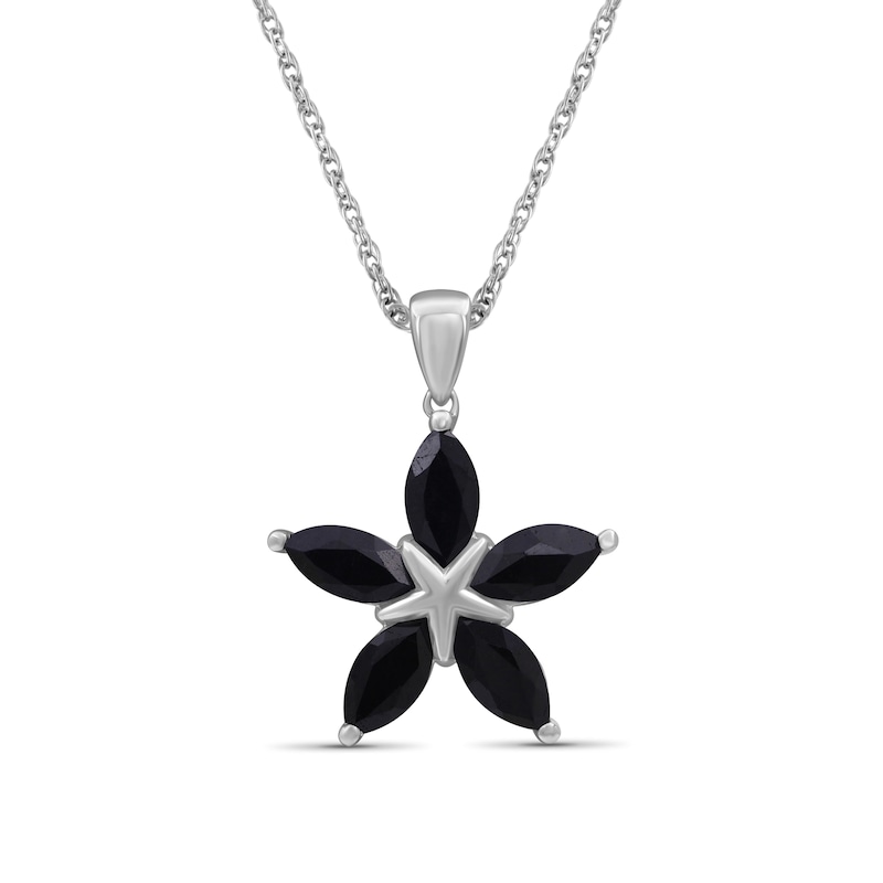 Main Image 1 of Marquise Black Sapphire Petals Star-Shaped Flower Drop Pendant in Sterling Silver