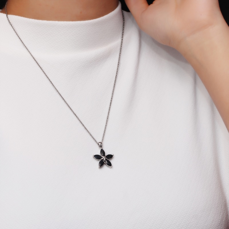 Main Image 2 of Marquise Black Sapphire Petals Star-Shaped Flower Drop Pendant in Sterling Silver