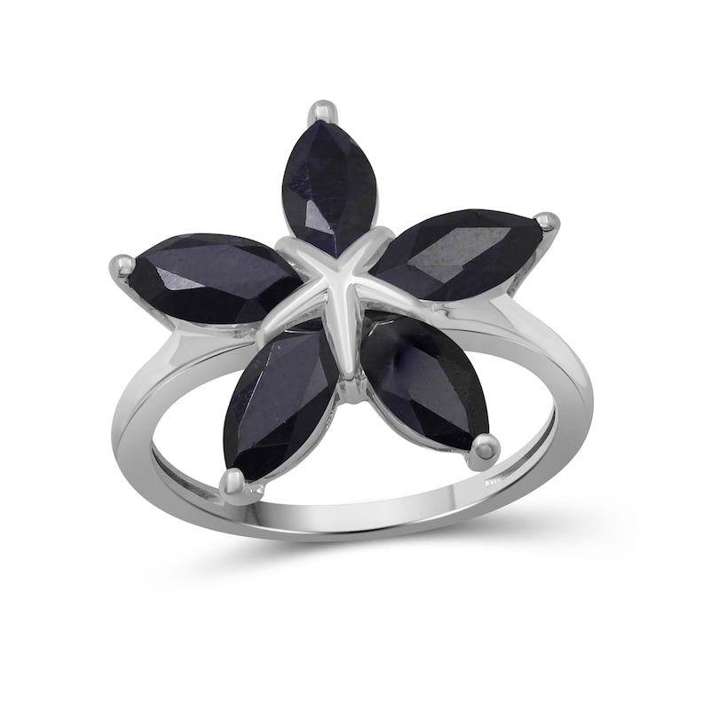 Marquise Black Sapphire Petals Star-Shaped Flower Ring in Sterling Silver