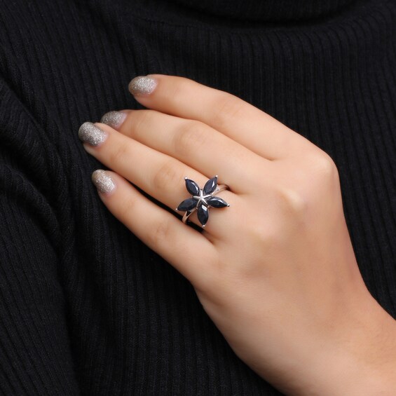Marquise Black Sapphire Petals Star-Shaped Flower Ring in Sterling Silver