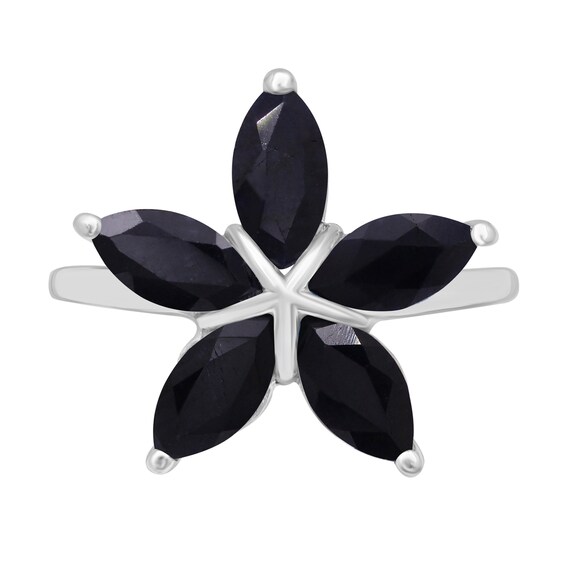 Marquise Black Sapphire Petals Star-Shaped Flower Ring in Sterling Silver