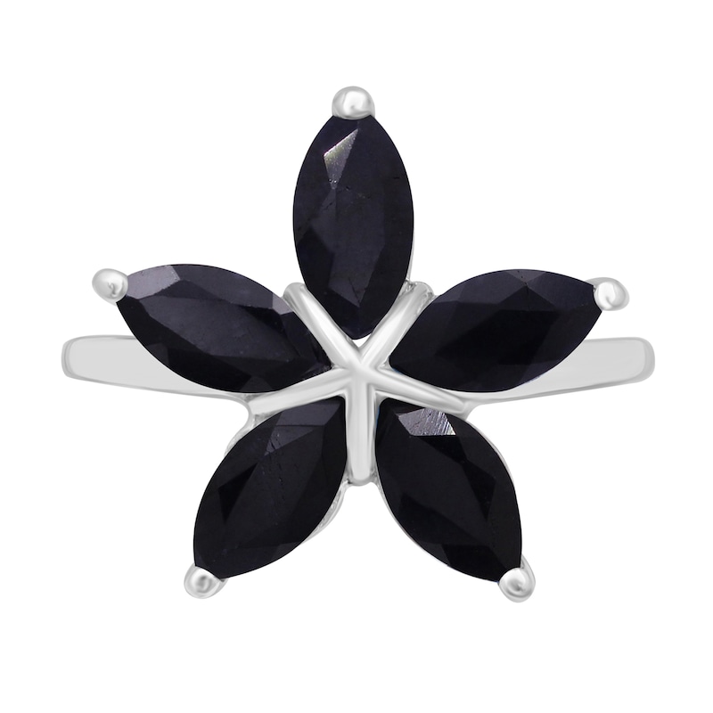 Marquise Black Sapphire Petals Star-Shaped Flower Ring in Sterling Silver