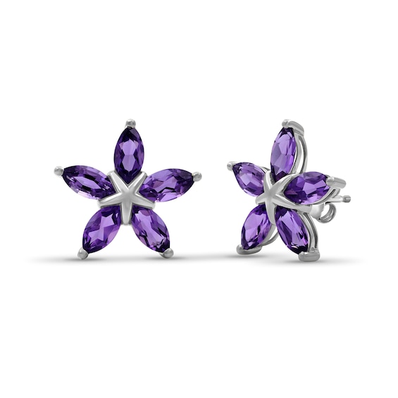 Marquise Amethyst Petals Star-Shaped Flower Stud Earrings in Sterling Silver