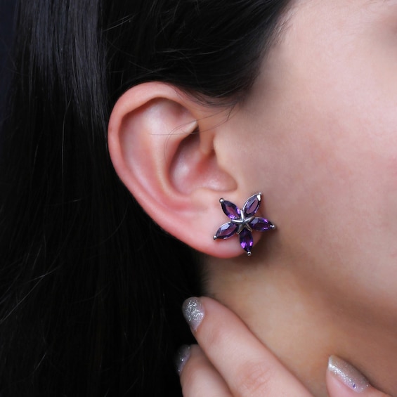 Marquise Amethyst Petals Star-Shaped Flower Stud Earrings in Sterling Silver