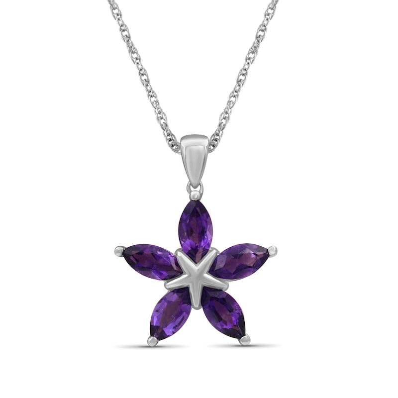 Main Image 1 of Marquise Amethyst Petals Star-Shaped Flower Drop Pendant in Sterling Silver
