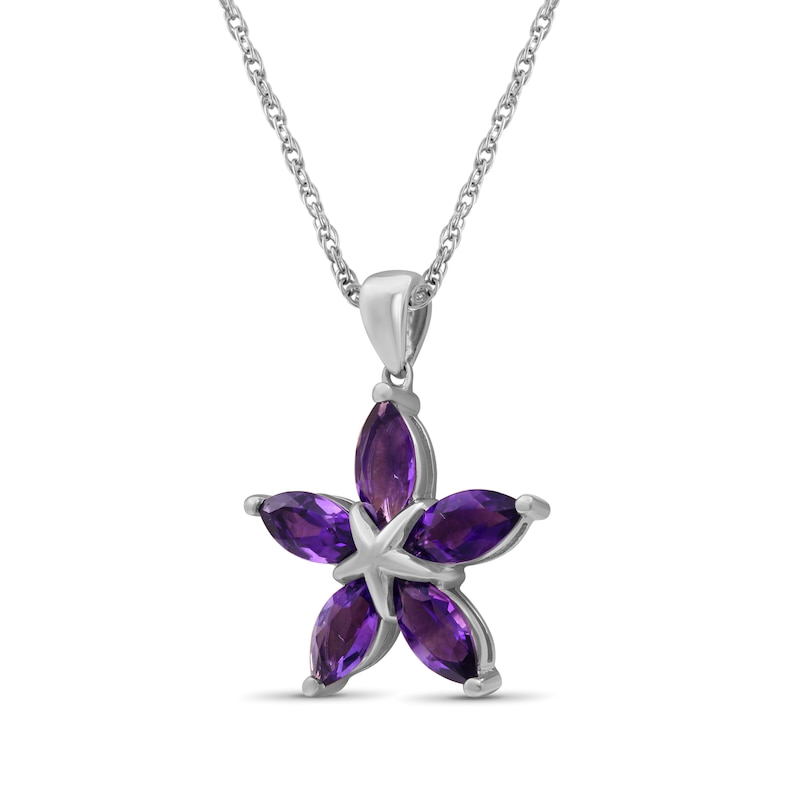 Main Image 2 of Marquise Amethyst Petals Star-Shaped Flower Drop Pendant in Sterling Silver