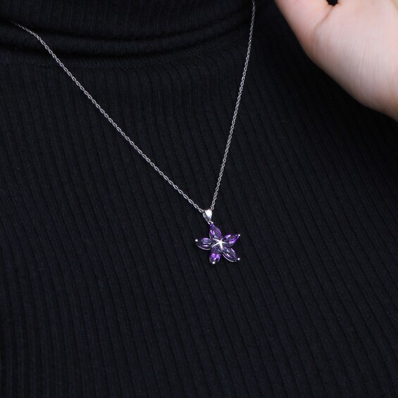 Marquise Amethyst Petals Star-Shaped Flower Drop Pendant in Sterling Silver