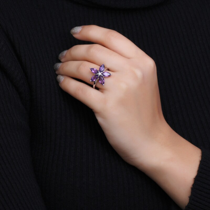 Main Image 2 of Marquise Amethyst Petals Star-Shaped Flower Ring in Sterling Silver