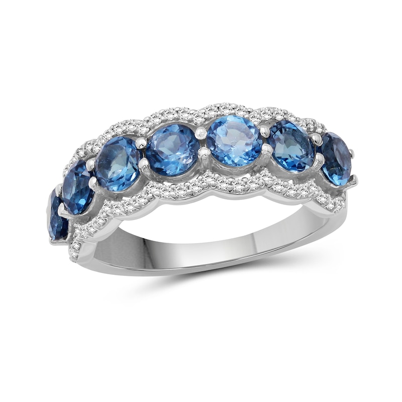 4.0mm London Blue Topaz and White LabCreated Zircon Scallop Border Seven Stone Ring in Sterling