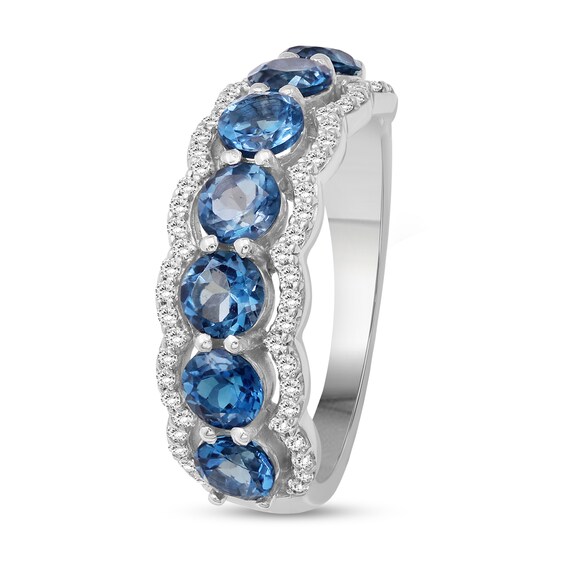 4.0mm London Blue Topaz and White Lab-Created Zircon Scallop Border Seven Stone Ring in Sterling Silver