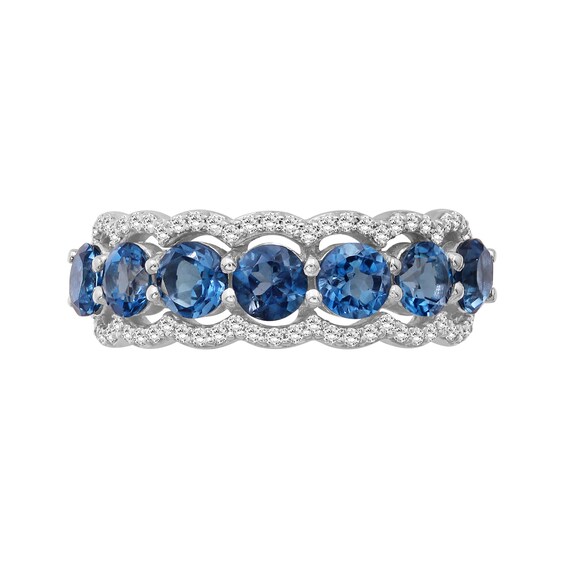 4.0mm London Blue Topaz and White Lab-Created Zircon Scallop Border Seven Stone Ring in Sterling Silver