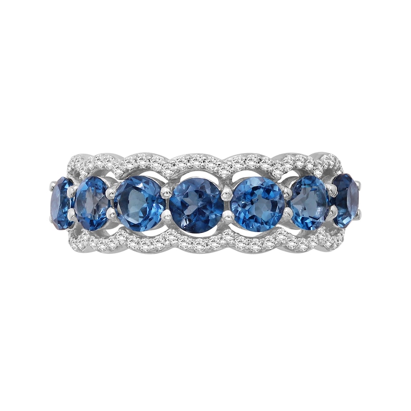 4.0mm London Blue Topaz and White LabCreated Zircon Scallop Border Seven Stone Ring in Sterling
