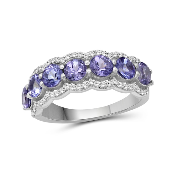 4.0mm Tanzanite and White Lab-Created Zircon Scallop Border Seven Stone Ring in Sterling Silver