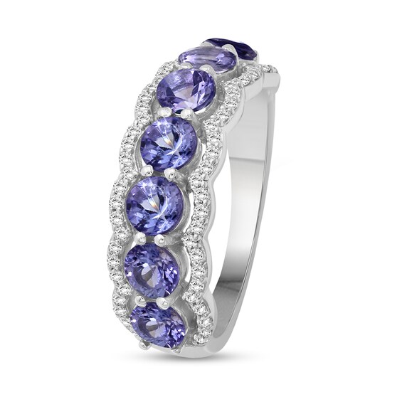 4.0mm Tanzanite and White Lab-Created Zircon Scallop Border Seven Stone Ring in Sterling Silver