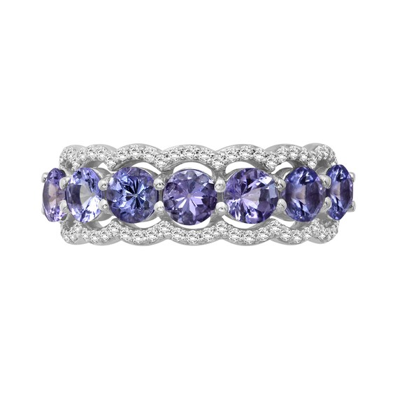 4.0mm Tanzanite and White Lab-Created Zircon Scallop Border Seven Stone Ring in Sterling Silver