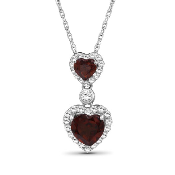 Garnet and White Lab-Created Zircon Frame Double Heart Drop Pendant in Sterling Silver