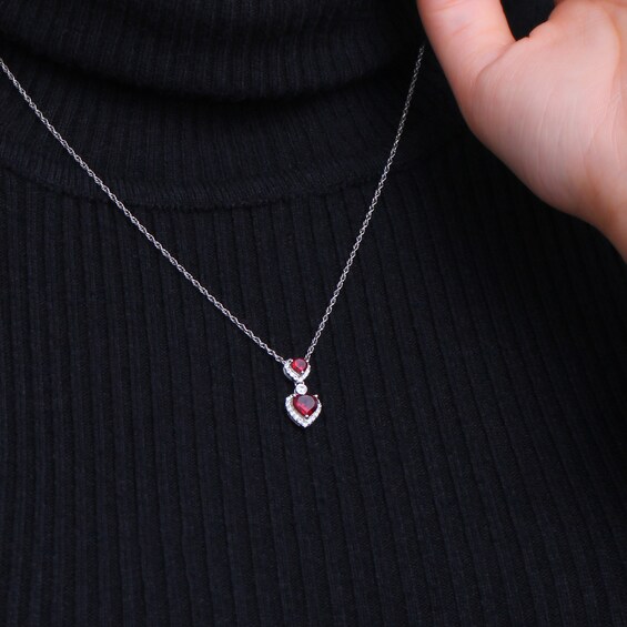 Garnet and White Lab-Created Zircon Frame Double Heart Drop Pendant in Sterling Silver