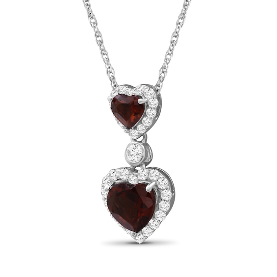 Garnet and White Lab-Created Zircon Frame Double Heart Drop Pendant in Sterling Silver