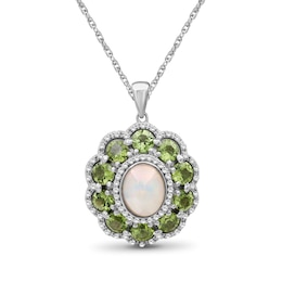 Oval Opal and Peridot with White Lab-Created Sapphire Edge Scallop Petal Frame Floral Drop Pendant in Sterling Silver