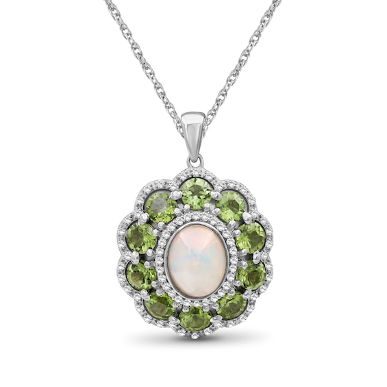 Oval Opal and Peridot with White Lab-Created Sapphire Edge Scallop Petal Frame Floral Drop Pendant in Sterling Silver