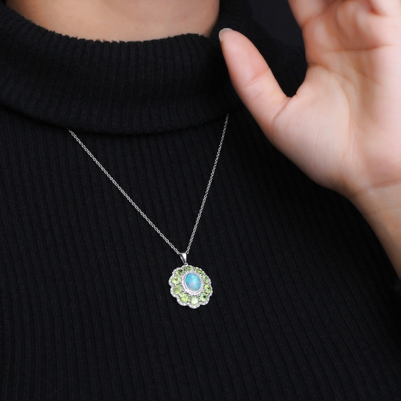 Oval Opal and Peridot with White Lab-Created Sapphire Edge Scallop Petal Frame Floral Drop Pendant in Sterling Silver