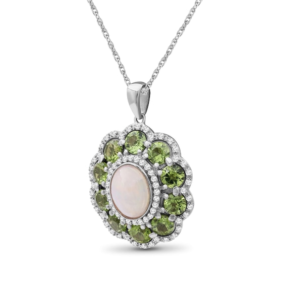 Oval Opal and Peridot with White Lab-Created Sapphire Edge Scallop Petal Frame Floral Drop Pendant in Sterling Silver