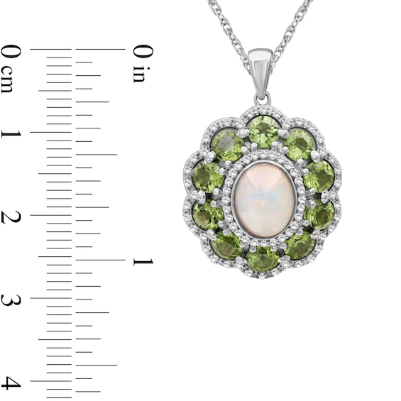 Oval Opal and Peridot with White Lab-Created Sapphire Edge Scallop Petal Frame Floral Drop Pendant in Sterling Silver