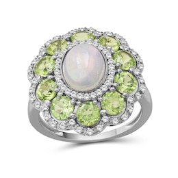 Oval Opal and Peridot with White Lab-Created Sapphire Edge Scallop Petal Frame Floral Ring in Sterling Silver