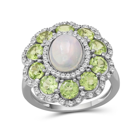 Oval Opal and Peridot with White Lab-Created Sapphire Edge Scallop Petal Frame Floral Ring in Sterling Silver