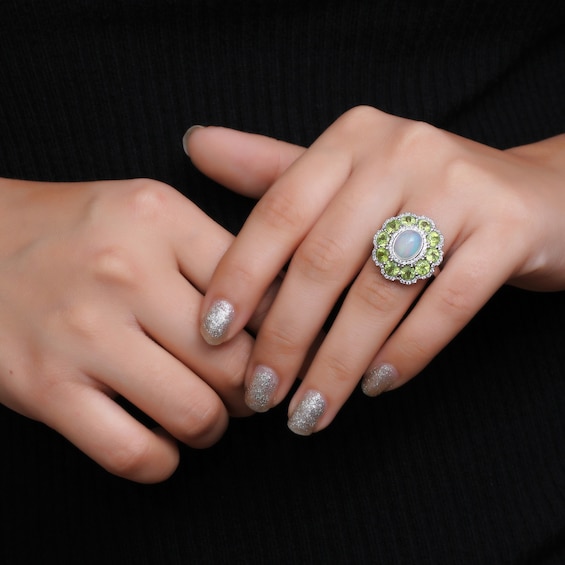 Oval Opal and Peridot with White Lab-Created Sapphire Edge Scallop Petal Frame Floral Ring in Sterling Silver