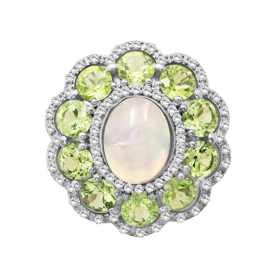 Oval Opal and Peridot with White Lab-Created Sapphire Edge Scallop Petal Frame Floral Ring in Sterling Silver