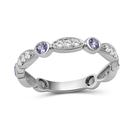 Alternating Tanzanite and White Lab-Created Zircon Trio with Marquise Frame Art Deco Ring in Sterling Silver