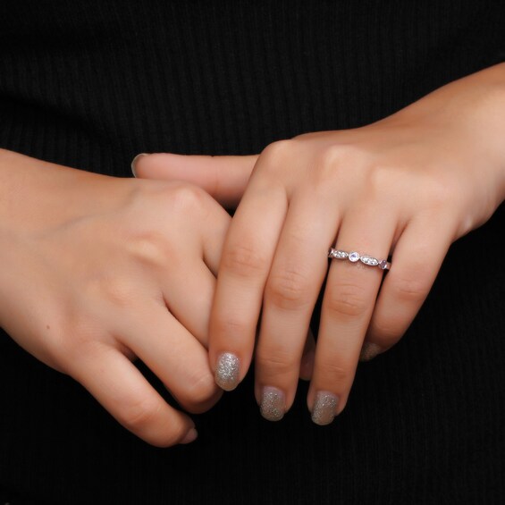 Alternating Tanzanite and White Lab-Created Zircon Trio with Marquise Frame Art Deco Ring in Sterling Silver