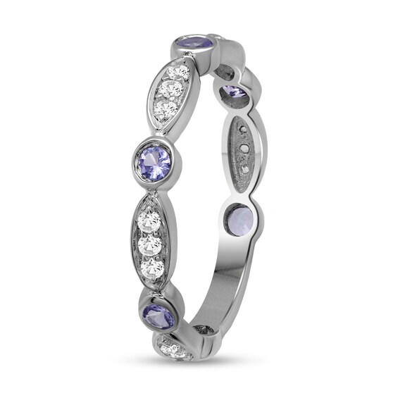 Alternating Tanzanite and White Lab-Created Zircon Trio with Marquise Frame Art Deco Ring in Sterling Silver