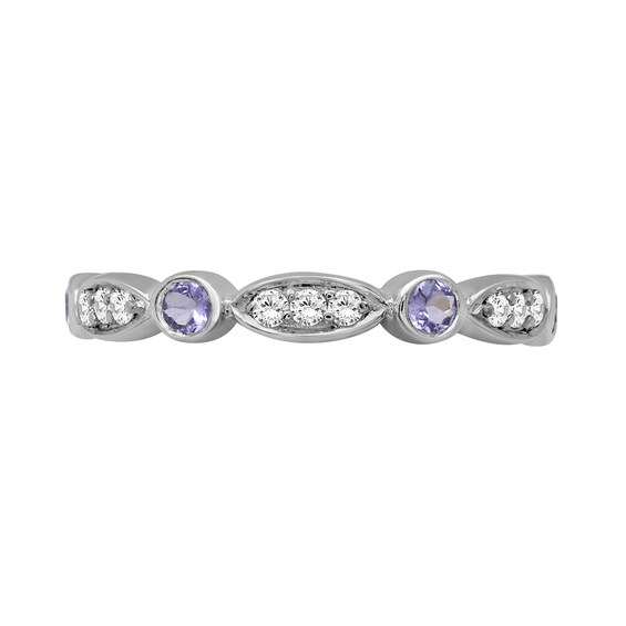 Alternating Tanzanite and White Lab-Created Zircon Trio with Marquise Frame Art Deco Ring in Sterling Silver