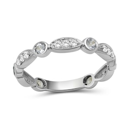 Alternating Aquamarine and White Lab-Created Zircon Trio with Marquise Frame Art Deco Ring in Sterling Silver